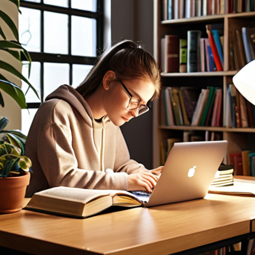 **A student comfortably studying in a personalized learning space, surrounded by books, a laptop, and motivational items like plants and photos. Soft, warm lighting.** (This visualizes optimizing the learning environment.)
