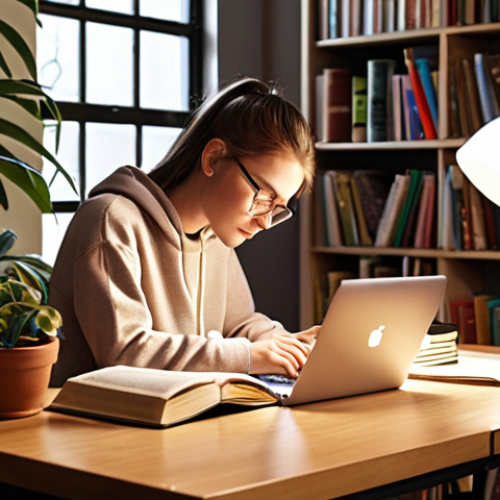 Home 11 **A student comfortably studying in a personalized learning space, surrounded by books, a laptop, and motivational items like plants and photos. Soft, warm lighting.** (This visualizes optimizing the learning environment.)