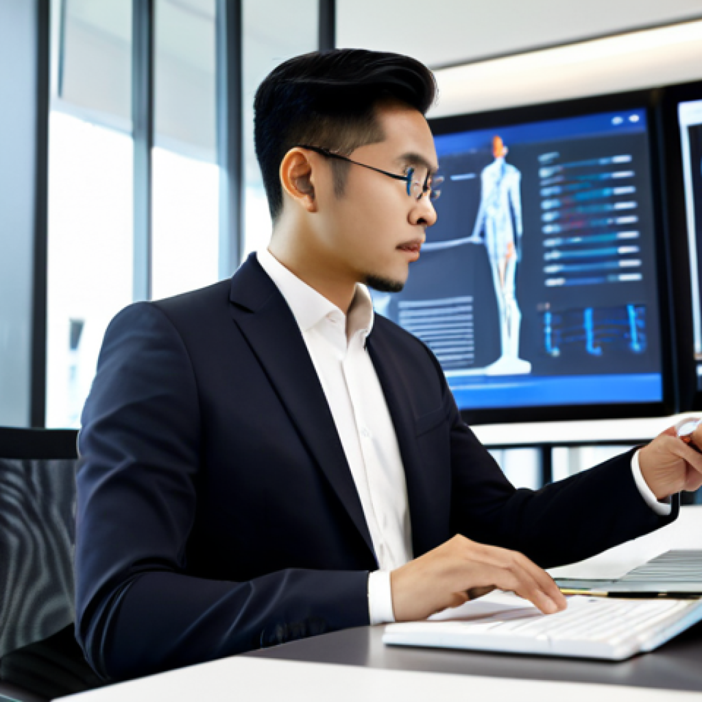 A focused Malaysian professional, fully clothed in a modest business suit, sitting at a sleek desk in a bright, modern office. They are engaged in immediate learning, interacting with a digital tablet displaying abstract AI-assisted learning interfaces. The background features blurred contemporary office architecture. Perfect anatomy, correct proportions, natural pose, well-formed hands, proper finger count, natural body proportions, professional photography, high quality, realistic lighting, appropriate attire, safe for work, appropriate content, professional.