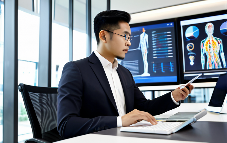A focused Malaysian professional, fully clothed in a modest business suit, sitting at a sleek desk in a bright, modern office. They are engaged in immediate learning, interacting with a digital tablet displaying abstract AI-assisted learning interfaces. The background features blurred contemporary office architecture. Perfect anatomy, correct proportions, natural pose, well-formed hands, proper finger count, natural body proportions, professional photography, high quality, realistic lighting, appropriate attire, safe for work, appropriate content, professional.